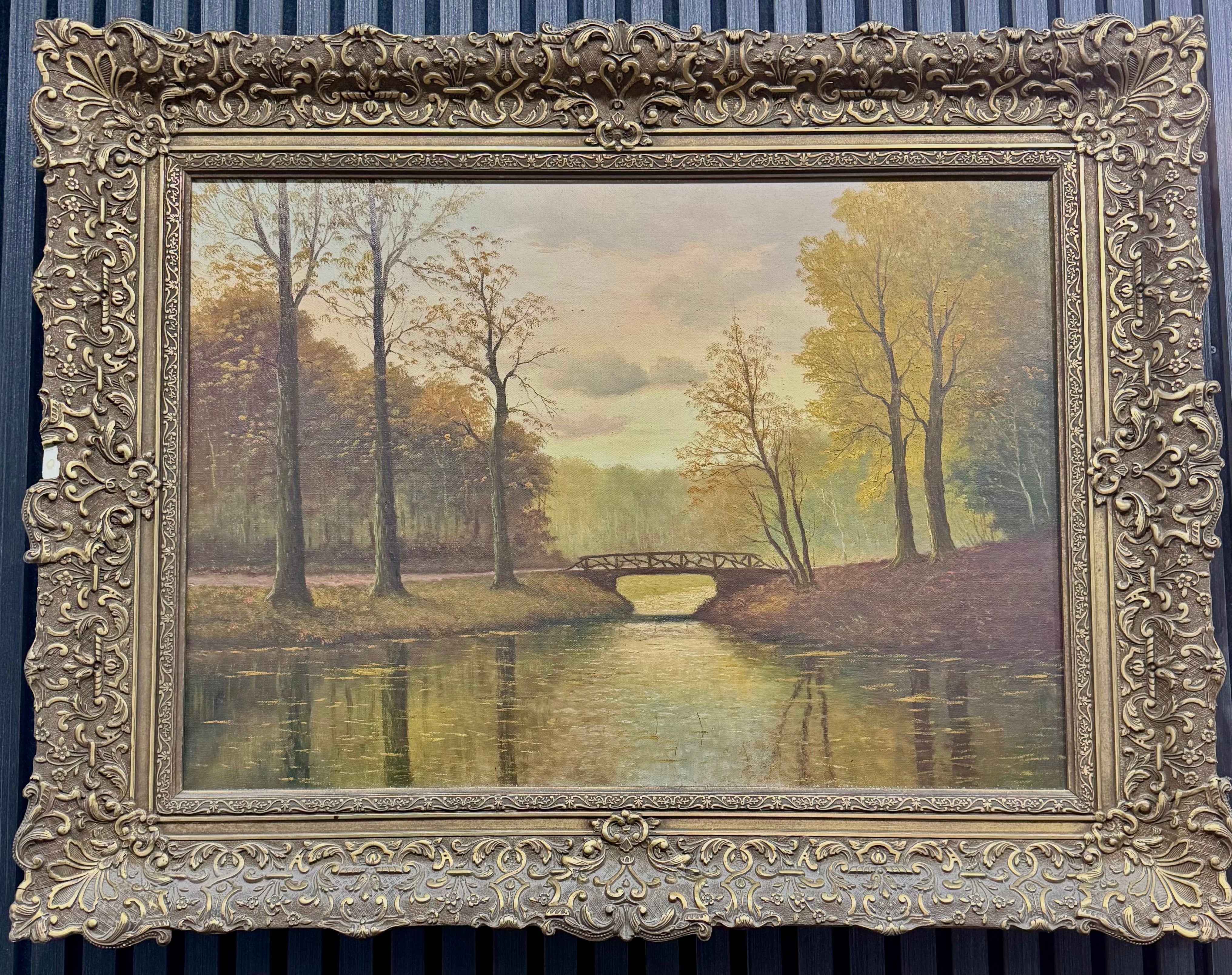 Landschapsschilderij met Brug over Rivier | Olieverf op Doek | Grote Antieke Sierlijst | Klassieke Kunst