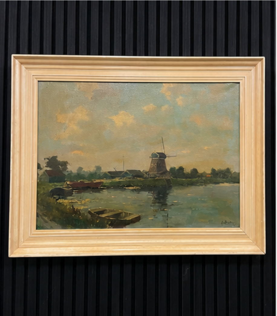 Hollands Landschap met Windmolen aan het Water | Olieverf op Doek