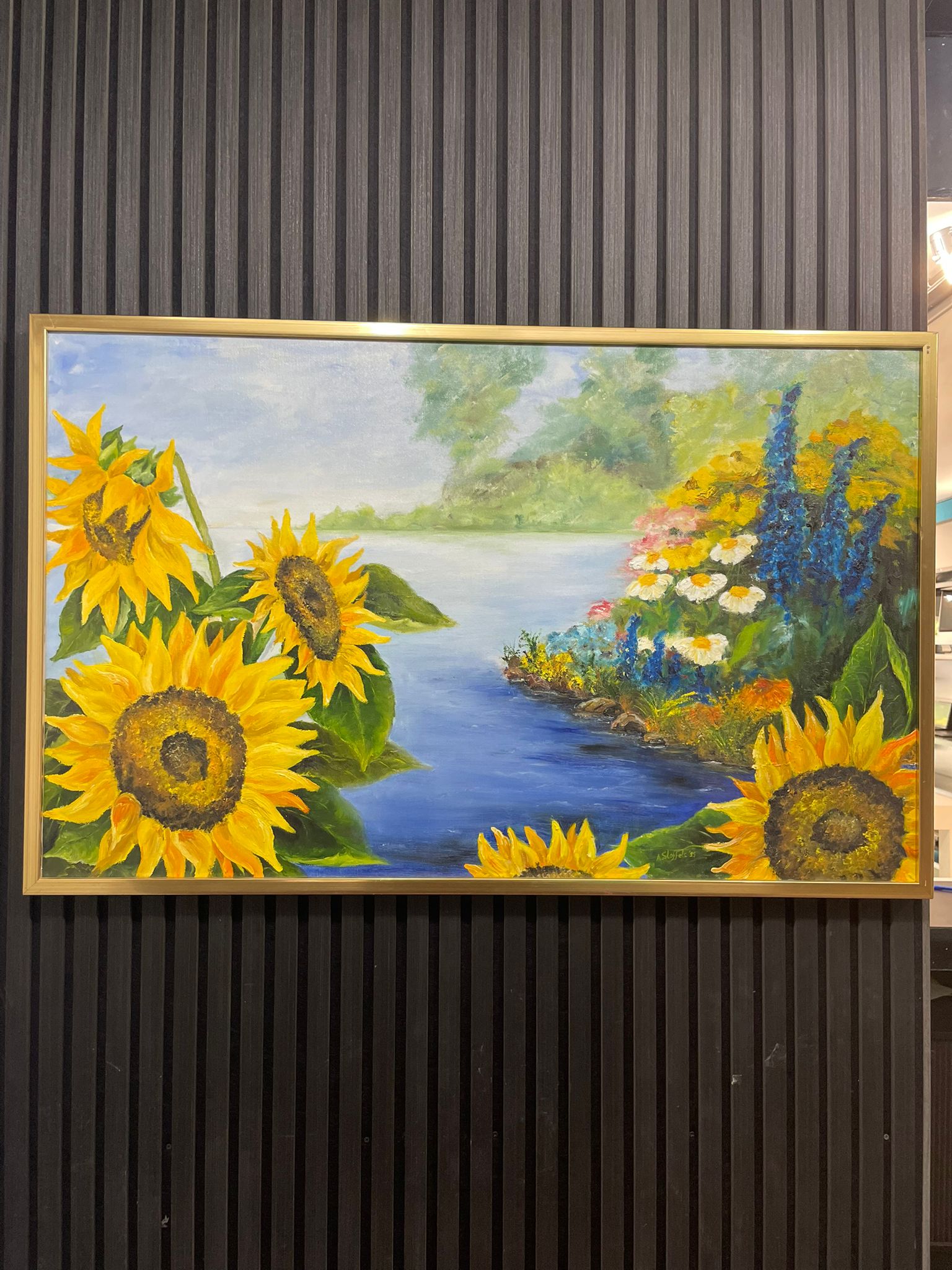 Zonnebloemen aan het Meer | Kleurrijk Bloemenlandschap | Olieverf op Doek