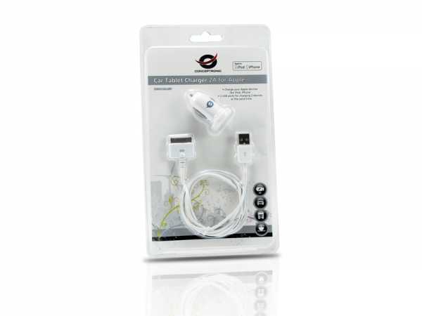Conceptronic CUSBCAR2ASET Car Tablet Charger 2A for Apple, Cigar lighter, White