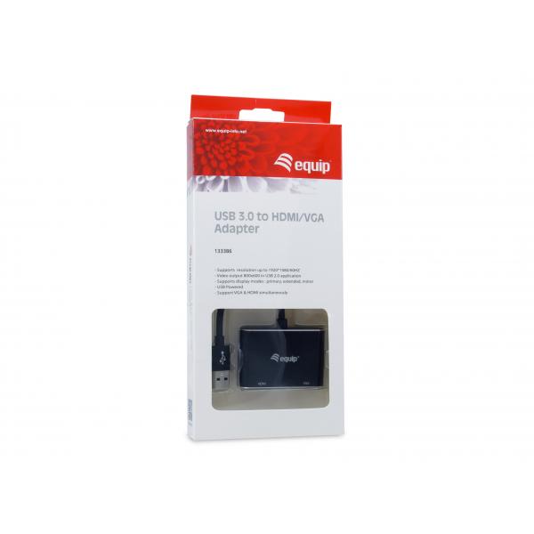 Equip 133386 USB 3.0 to HDMI/VGA (HD15) Adapter, 3.2 Gen 1, USB Type-A, HDMI output, 1920 x 1080p