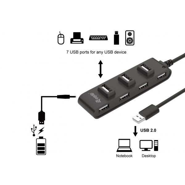 Equip 12895707101 7-Port USB 2.0 Hub, USB 2.0, USB 2.0, 480 Mbit/s, Black, CE, RoHS