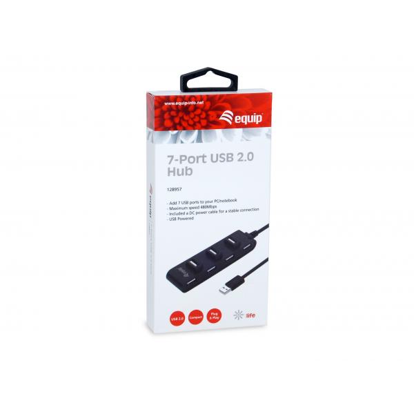 Equip 12895707101 7-Port USB 2.0 Hub, USB 2.0, USB 2.0, 480 Mbit/s, Black, CE, RoHS