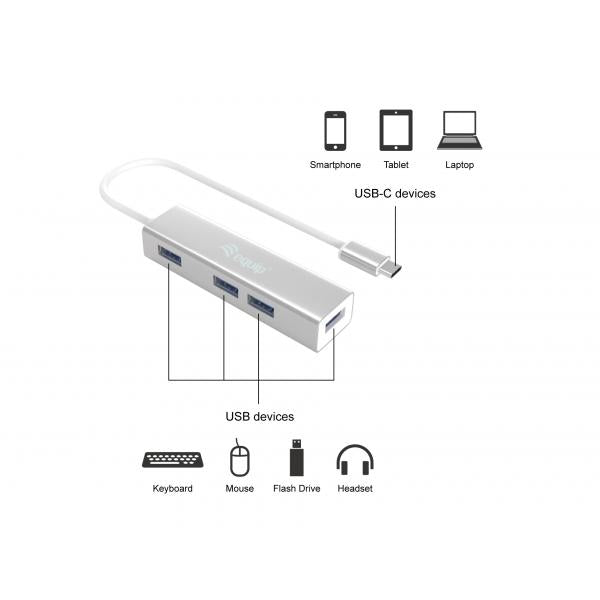 Equip 12895807101 USB-C to 4-port USB 3.0 Hubs, USB 3.2 Gen 1, USB Type-C, USB Type-A, 5000 Mbit/s