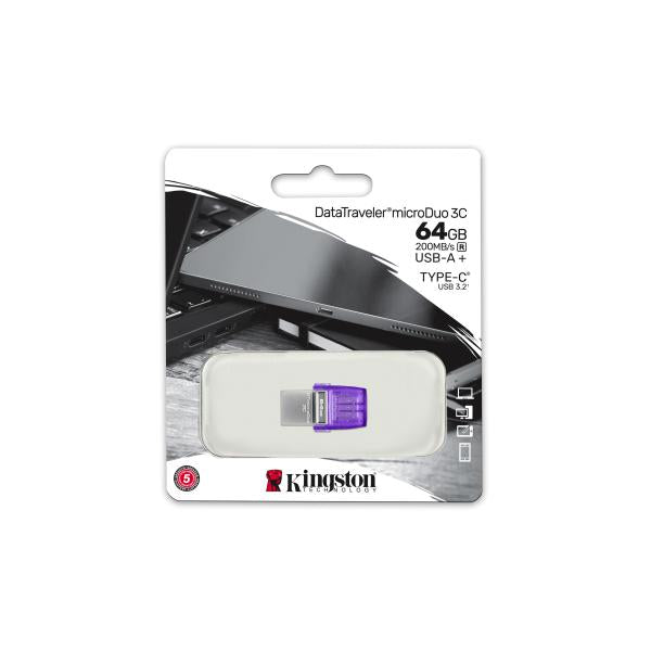 Kingston DTDUO3CG3/64GB DataTraveler microDuo 3C, 64 GB, USB 3.2 Gen 1 Type-C, 200 MB/s, Purple