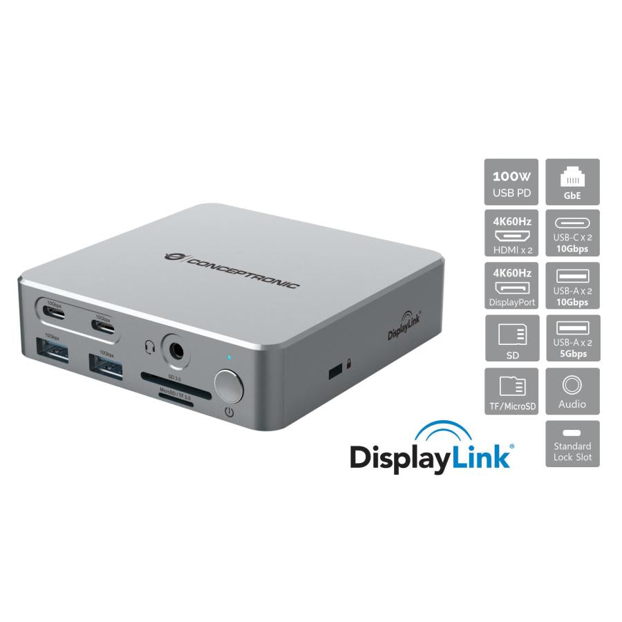 Conceptronic DONN25G 15-in-1 DisplayLink USB 3.2 Gen 2 Docking Station, Triple 4K60Hz, HDMI, DP, USB