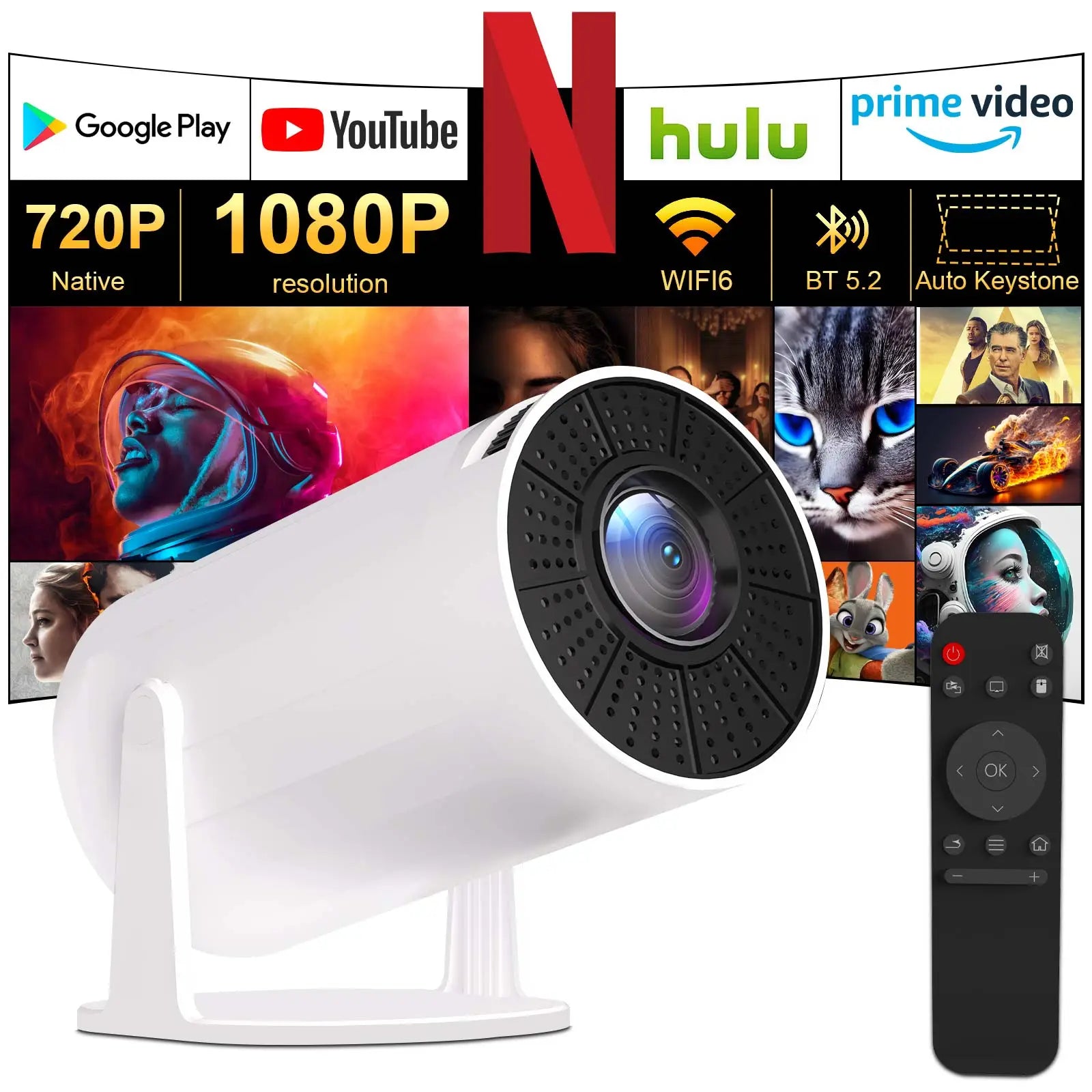 XBJ Mini Beamer met WiFi 6 & Bluetooth 5.2 | Android 11 Smart Projector | 1080p HD (4K Support) | 200 ANSI | 180° Draaibaar