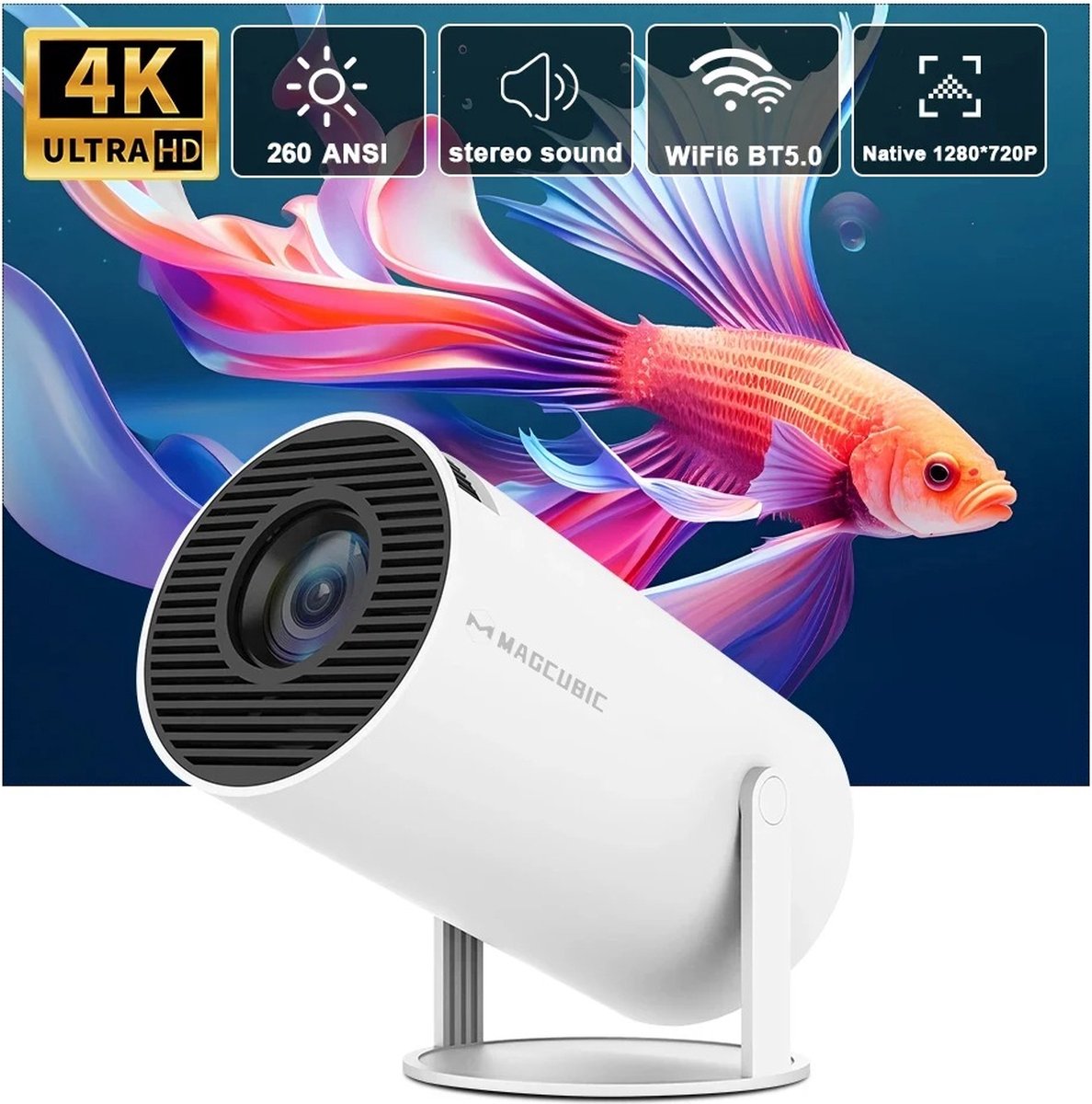 Magcubic HY300 Pro Mini Projector | Android TV | WiFi 6 | Bluetooth | 180° Draaibaar | 4K Ondersteuning