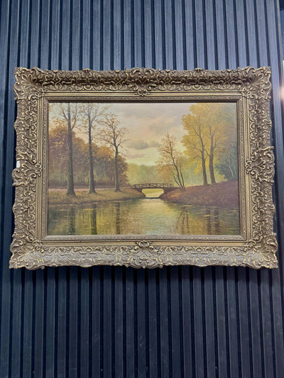 Landschapsschilderij met Brug over Rivier | Olieverf op Doek | Grote Antieke Sierlijst | Klassieke Kunst