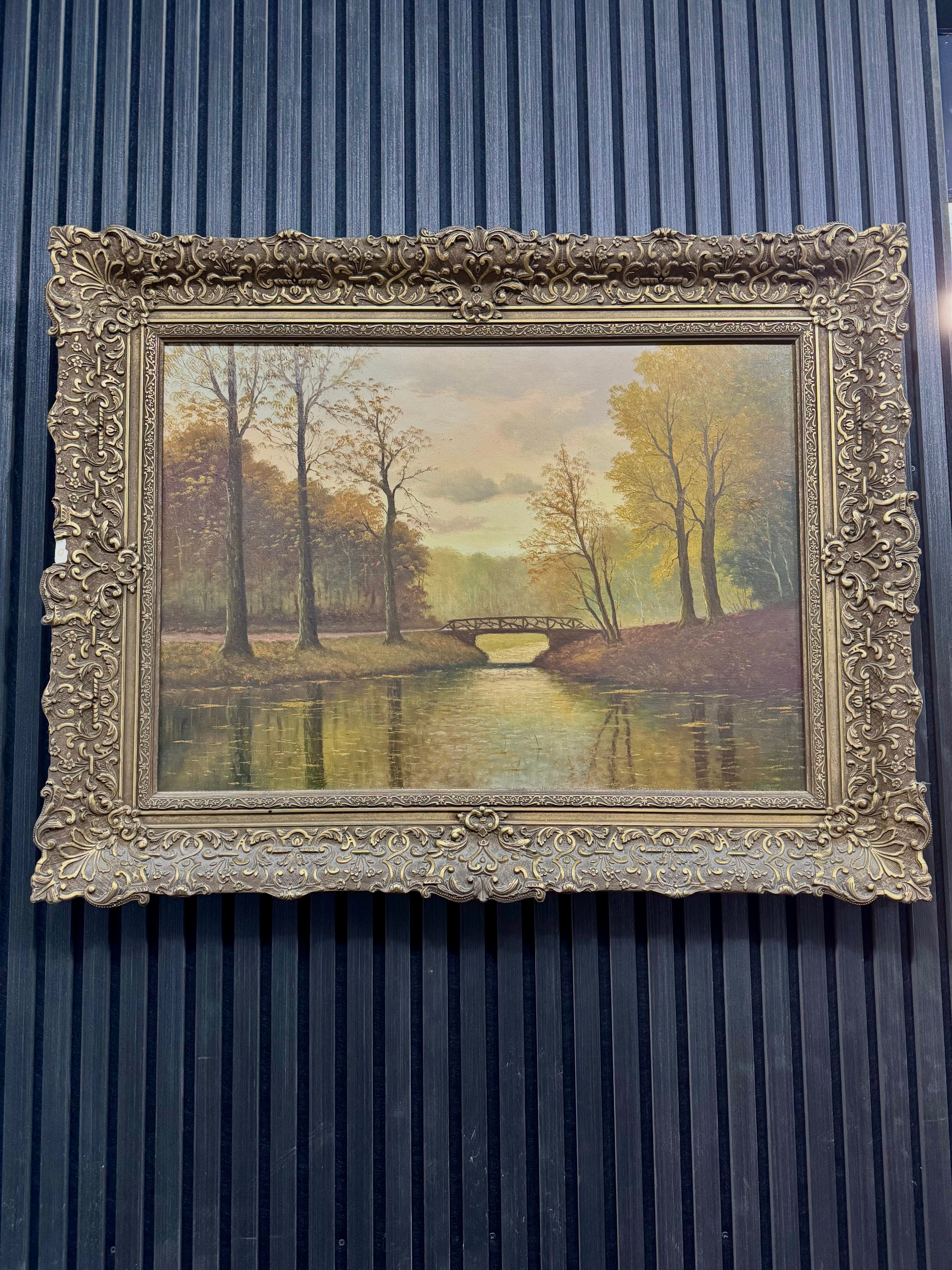 Landschapsschilderij met Brug over Rivier | Olieverf op Doek | Grote Antieke Sierlijst | Klassieke Kunst