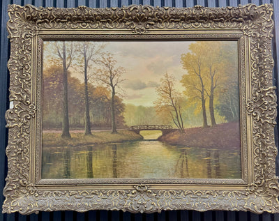 Landschapsschilderij met Brug over Rivier | Olieverf op Doek | Grote Antieke Sierlijst | Klassieke Kunst