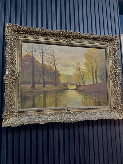 Landschapsschilderij met Brug over Rivier | Olieverf op Doek | Grote Antieke Sierlijst | Klassieke Kunst