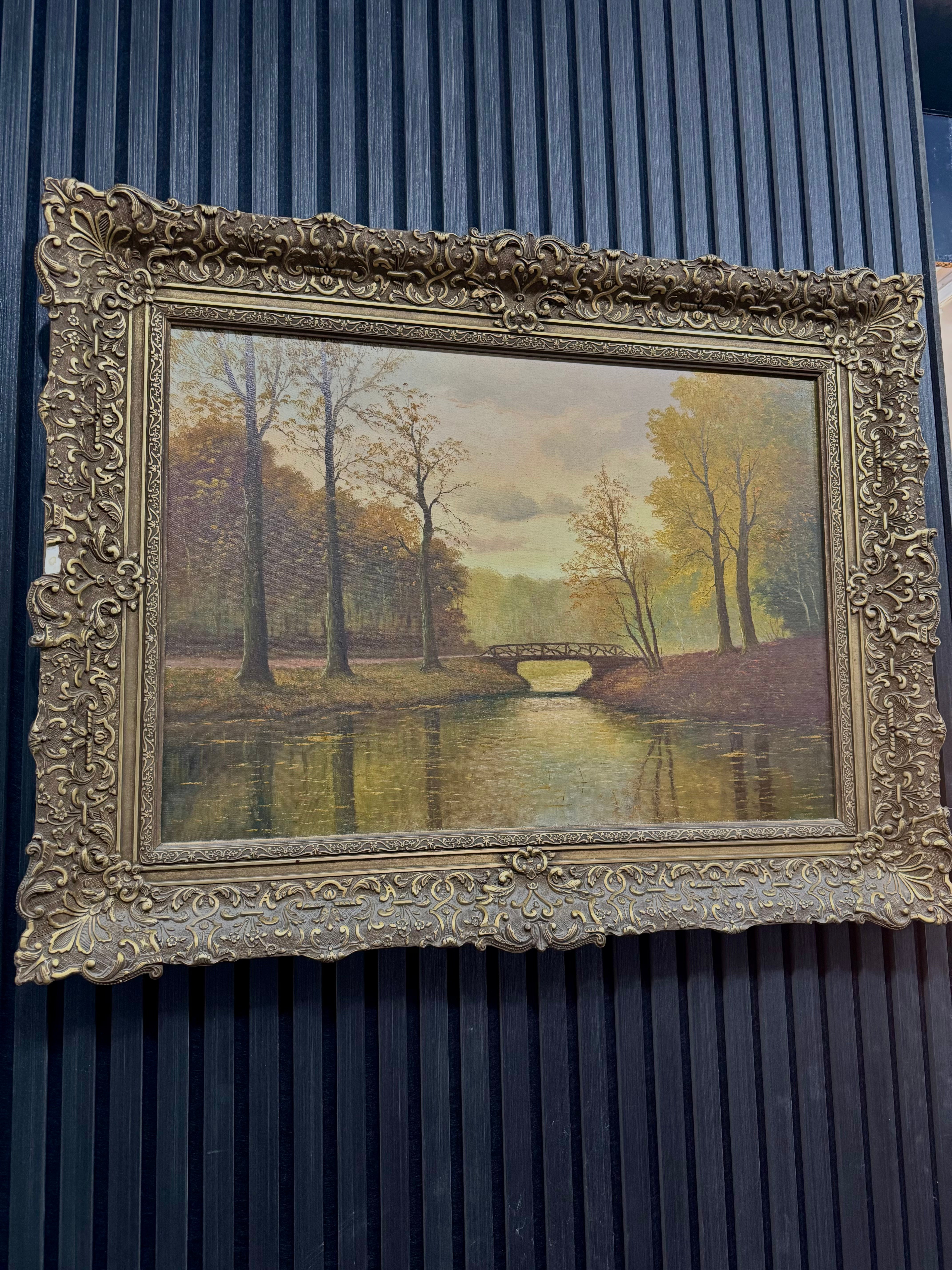Landschapsschilderij met Brug over Rivier | Olieverf op Doek | Grote Antieke Sierlijst | Klassieke Kunst