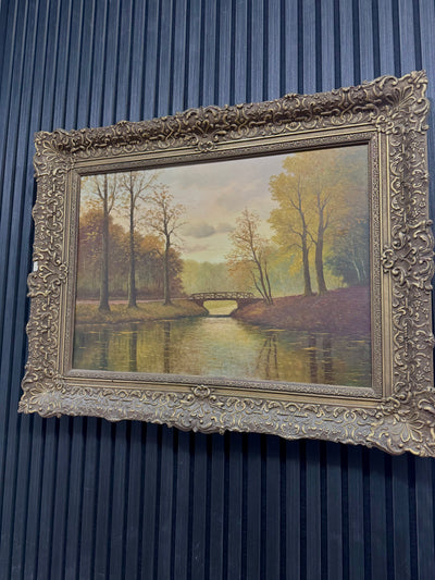 Landschapsschilderij met Brug over Rivier | Olieverf op Doek | Grote Antieke Sierlijst | Klassieke Kunst