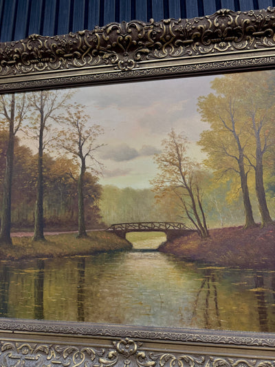 Landschapsschilderij met Brug over Rivier | Olieverf op Doek | Grote Antieke Sierlijst | Klassieke Kunst