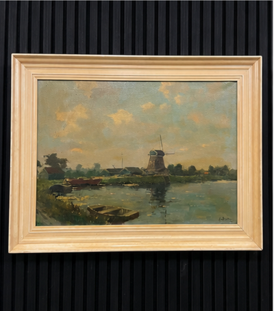 Hollands Landschap met Windmolen aan het Water | Olieverf op Doek