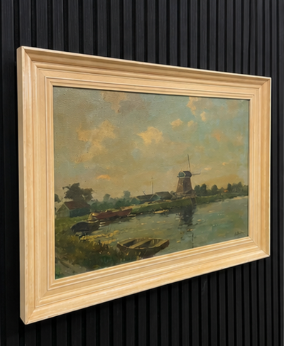 Hollands Landschap met Windmolen aan het Water | Olieverf op Doek