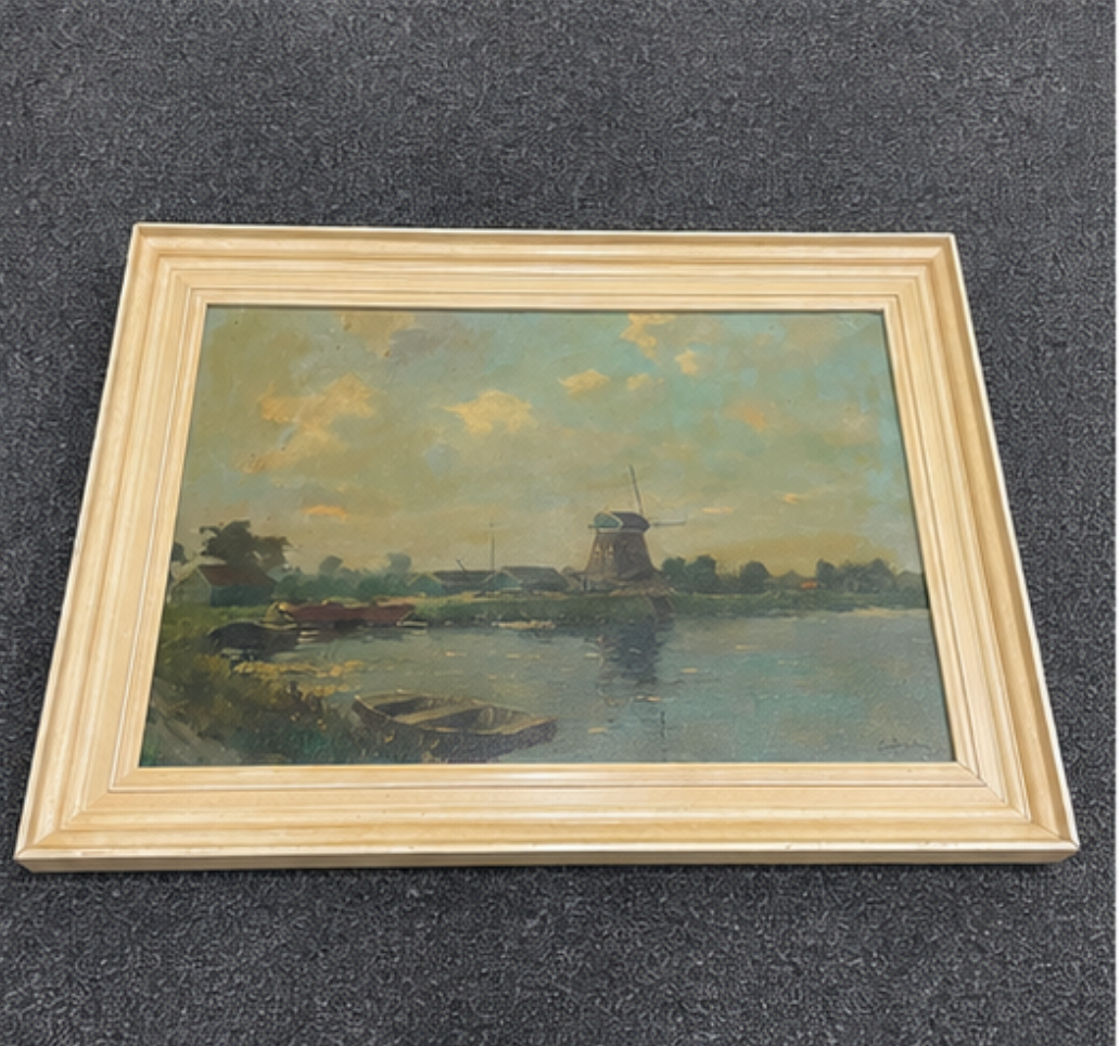 Hollands Landschap met Windmolen aan het Water | Olieverf op Doek