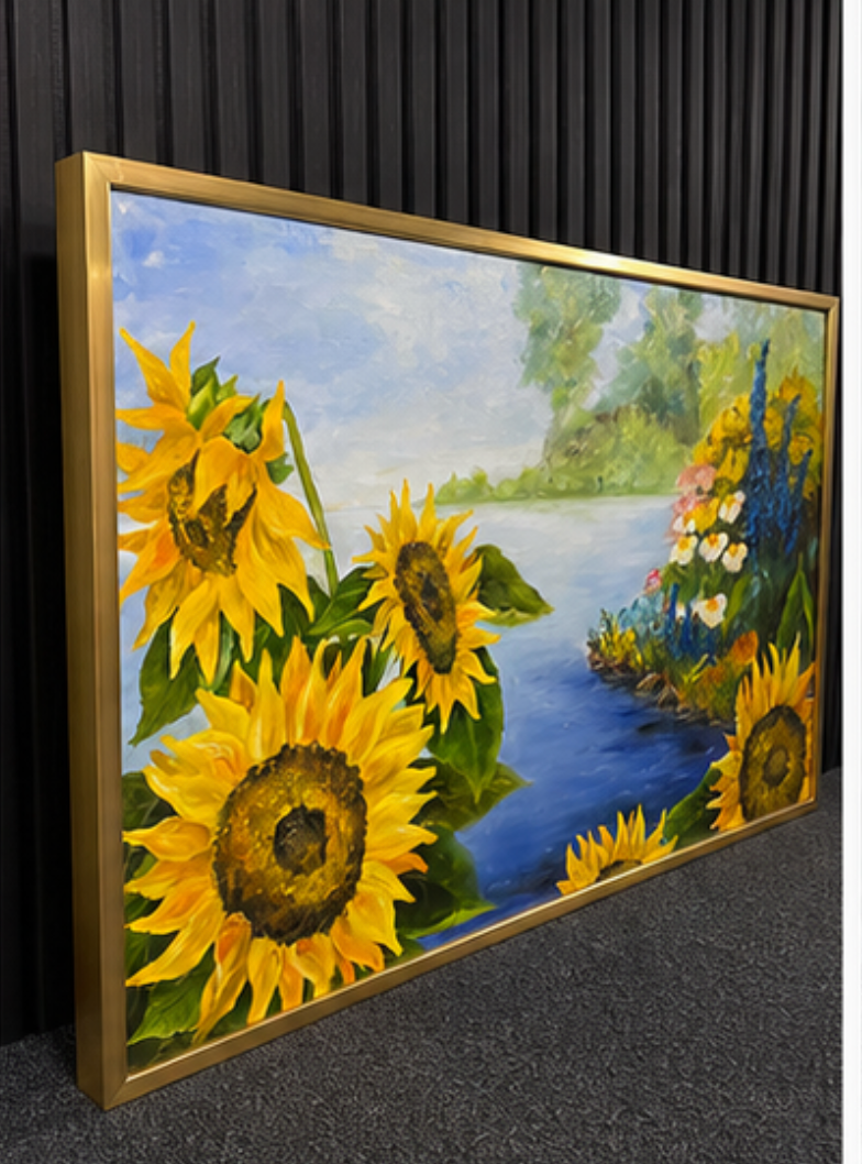 Zonnebloemen aan het Meer | Kleurrijk Bloemenlandschap | Olieverf op Doek
