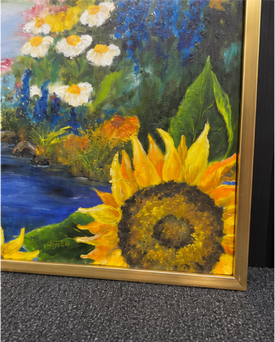 Zonnebloemen aan het Meer | Kleurrijk Bloemenlandschap | Olieverf op Doek